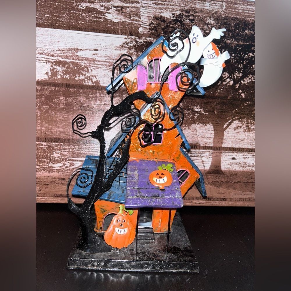 Halloween metal bright colors house with  tea light house multi bright c…